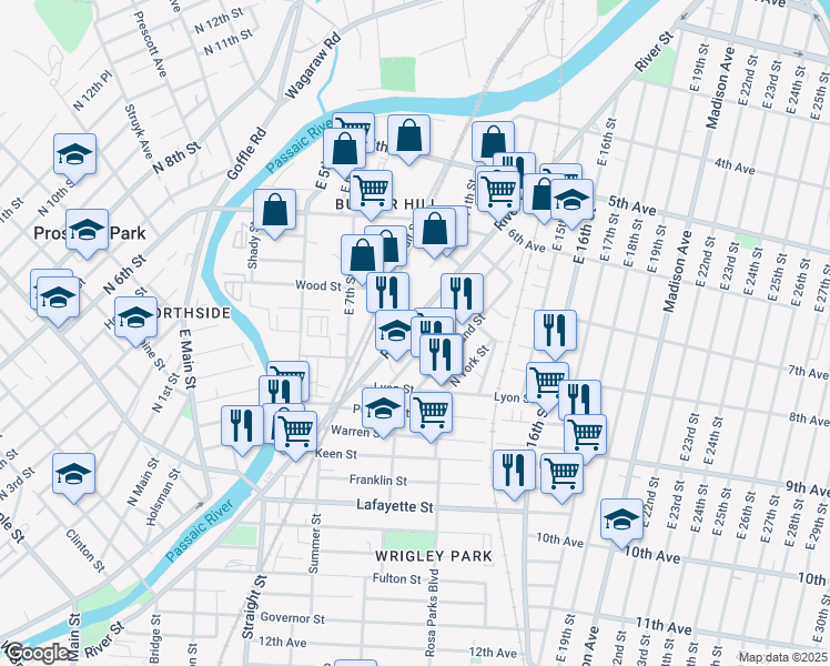 map of restaurants, bars, coffee shops, grocery stores, and more near 468 River Street in Paterson