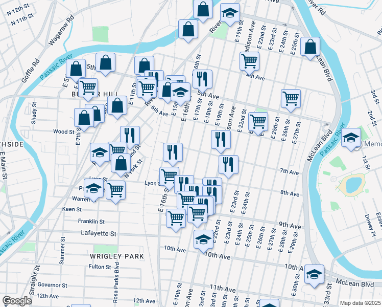 map of restaurants, bars, coffee shops, grocery stores, and more near 237 East 17th Street in Paterson