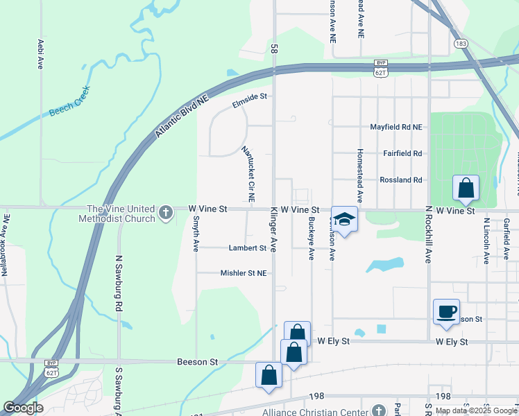 map of restaurants, bars, coffee shops, grocery stores, and more near 1350 Vine Street Northeast in Alliance