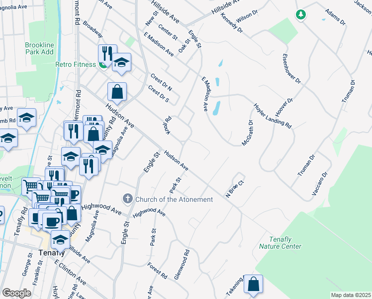 map of restaurants, bars, coffee shops, grocery stores, and more near 10 Knoll Road in Tenafly