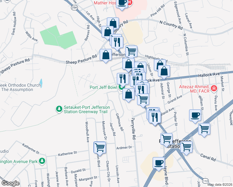 map of restaurants, bars, coffee shops, grocery stores, and more near 8 Radburn Lane in Port Jefferson Station