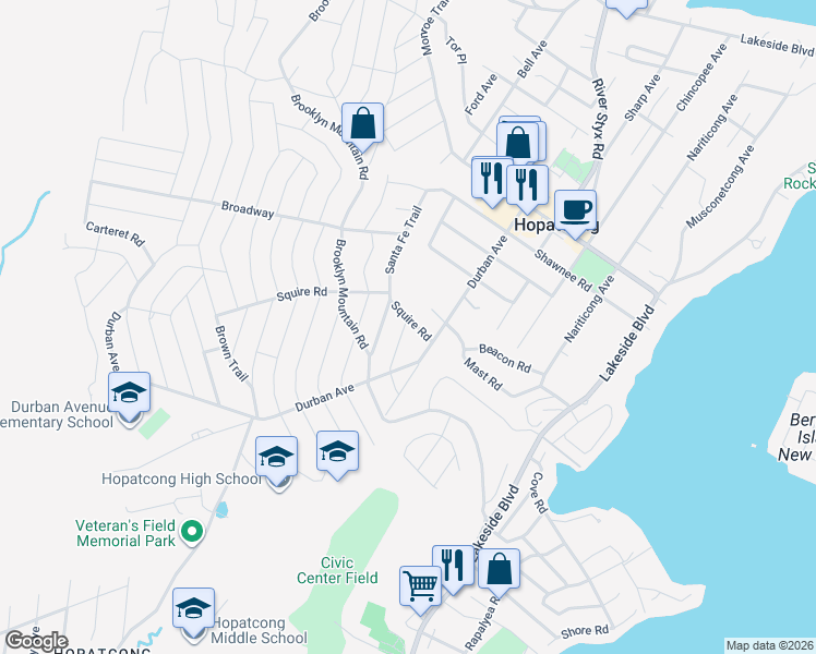 map of restaurants, bars, coffee shops, grocery stores, and more near 5 Squire Road in Hopatcong