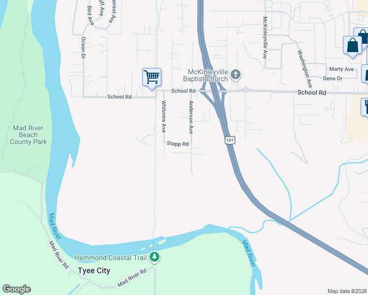 map of restaurants, bars, coffee shops, grocery stores, and more near 894 Stapp Road in McKinleyville