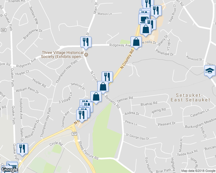 map of restaurants, bars, coffee shops, grocery stores, and more near 556 North Country Road in Setauket- East Setauket