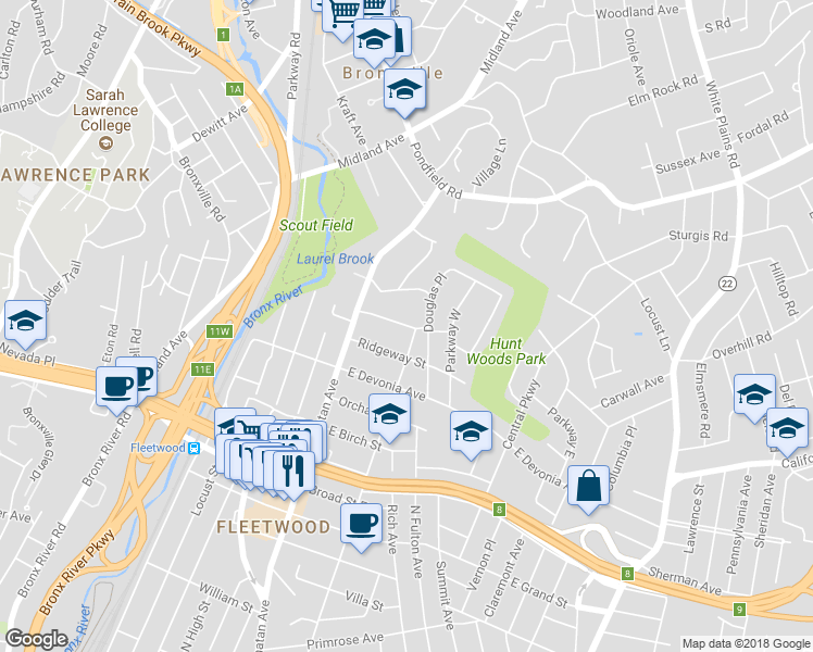 map of restaurants, bars, coffee shops, grocery stores, and more near 48 Clinton Street in Mount Vernon