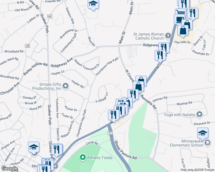 map of restaurants, bars, coffee shops, grocery stores, and more near 27 3 Village Lane in Setauket- East Setauket
