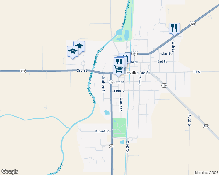 map of restaurants, bars, coffee shops, grocery stores, and more near 257 Wayne Street in Ottoville