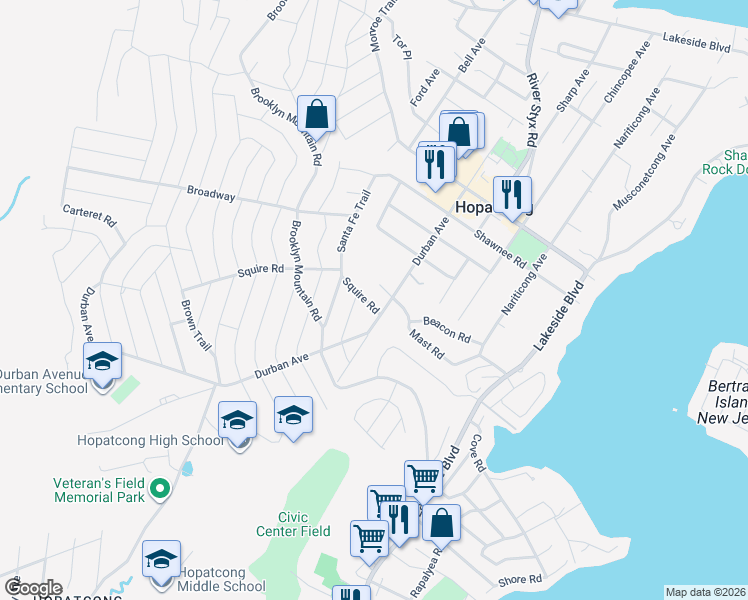 map of restaurants, bars, coffee shops, grocery stores, and more near 5 Squire Road in Hopatcong