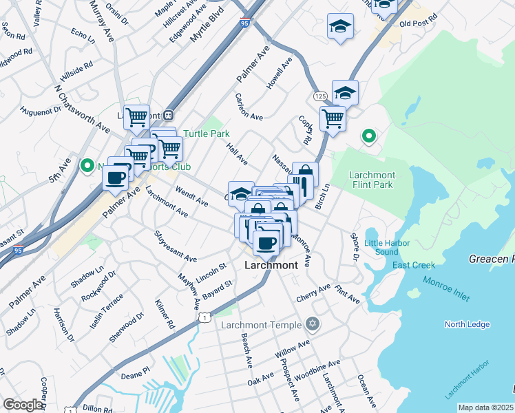 map of restaurants, bars, coffee shops, grocery stores, and more near 22 Chatsworth Avenue in Larchmont