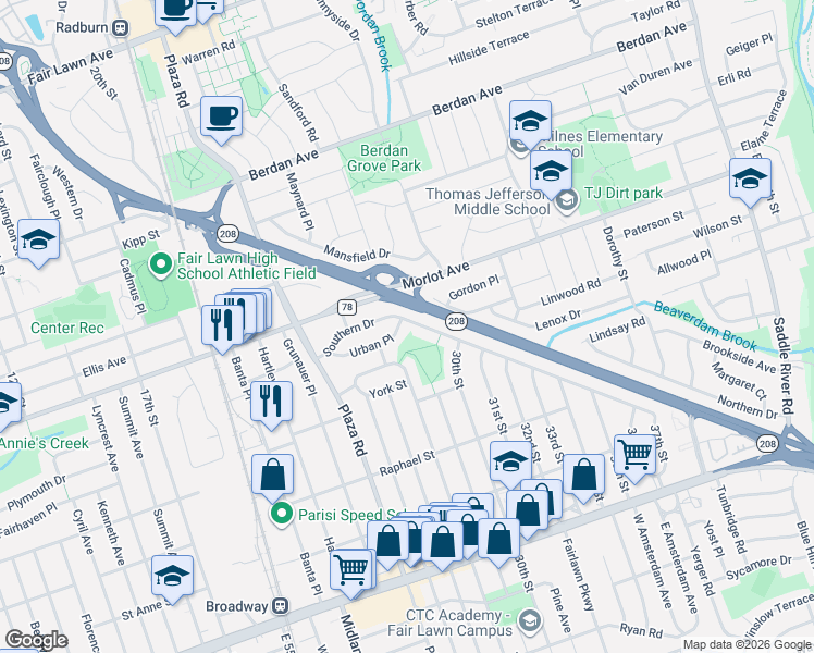 map of restaurants, bars, coffee shops, grocery stores, and more near 27-18 Urban Place in Fair Lawn