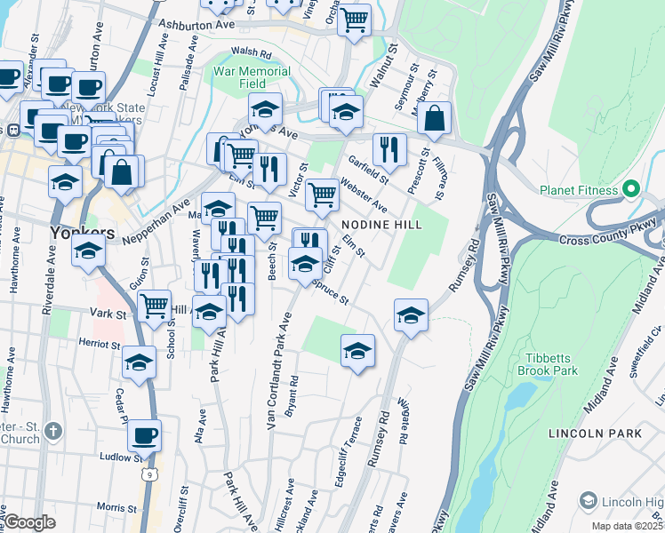 map of restaurants, bars, coffee shops, grocery stores, and more near 30 Cliff Street in Yonkers