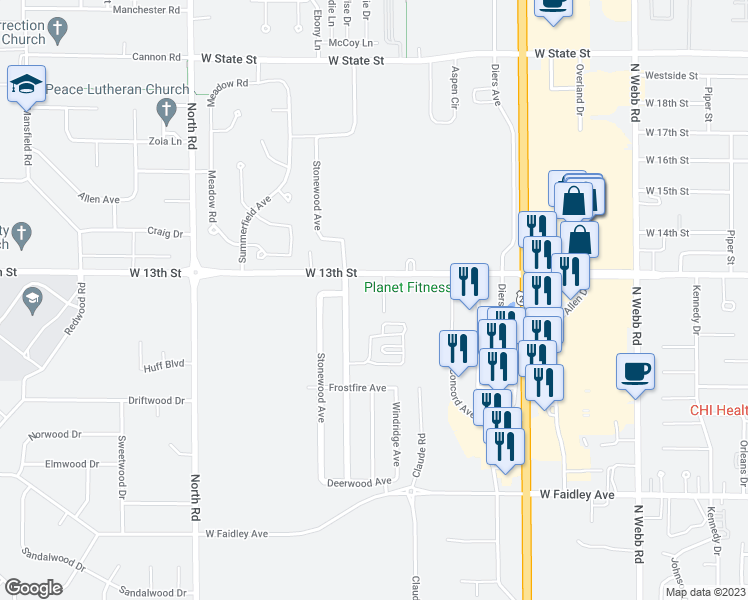 map of restaurants, bars, coffee shops, grocery stores, and more near 1204 Cedar Ridge Court in Grand Island