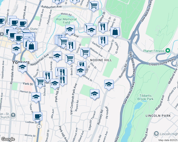map of restaurants, bars, coffee shops, grocery stores, and more near 28 Cliff Street in Yonkers