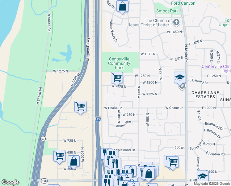 map of restaurants, bars, coffee shops, grocery stores, and more near 1138 North 725 West in Centerville