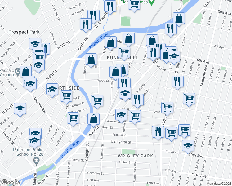 map of restaurants, bars, coffee shops, grocery stores, and more near 110 Wait Street in Paterson