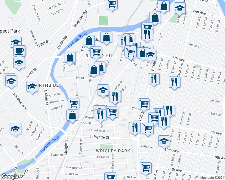 map of restaurants, bars, coffee shops, grocery stores, and more near 136 Butler Street in Paterson