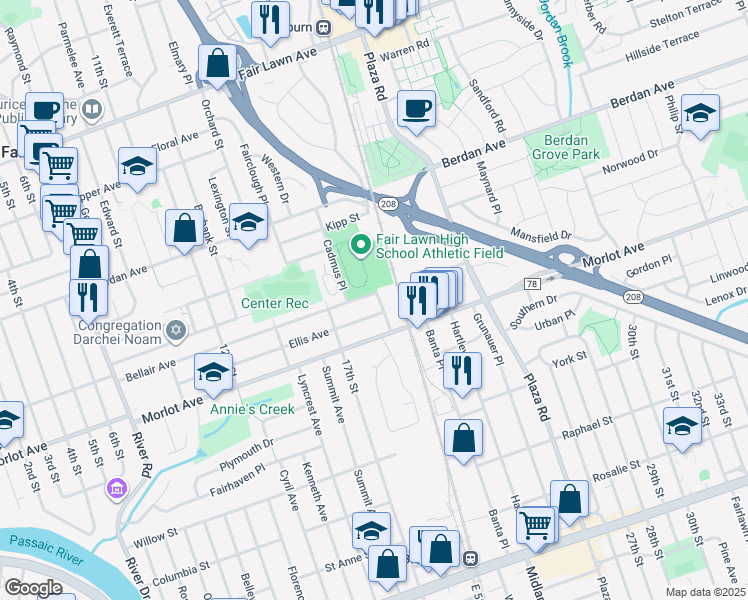 map of restaurants, bars, coffee shops, grocery stores, and more near 19-02 Bellair Avenue in Fair Lawn