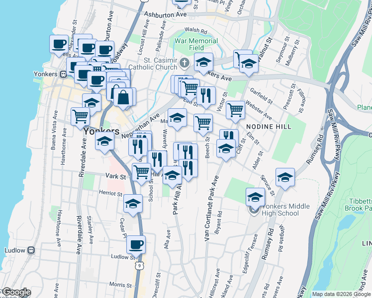 map of restaurants, bars, coffee shops, grocery stores, and more near 136 Willow Street in Yonkers