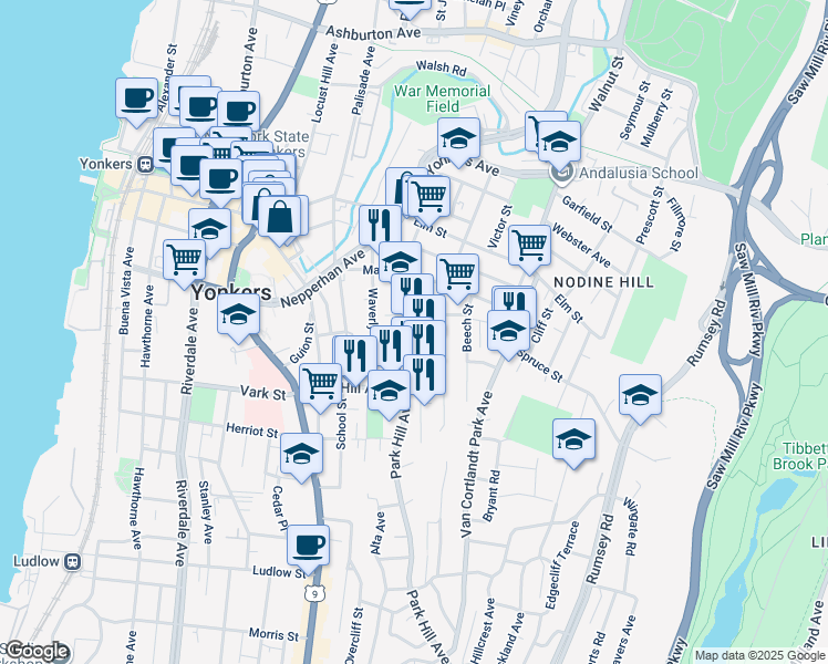 map of restaurants, bars, coffee shops, grocery stores, and more near 136 Willow Street in Yonkers