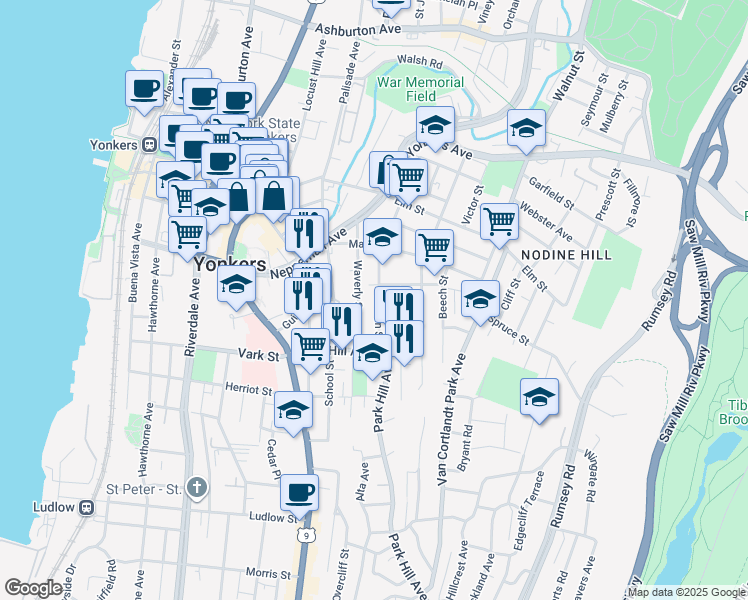 map of restaurants, bars, coffee shops, grocery stores, and more near 155 Linden Street in Yonkers