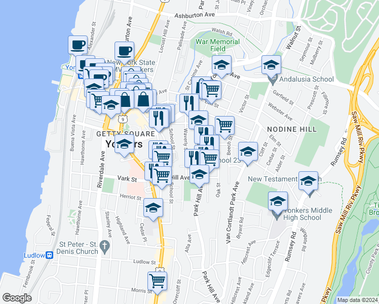 map of restaurants, bars, coffee shops, grocery stores, and more near 155 Linden Street in Yonkers