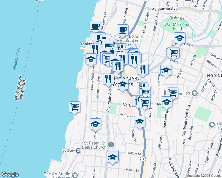 map of restaurants, bars, coffee shops, grocery stores, and more near in Yonkers