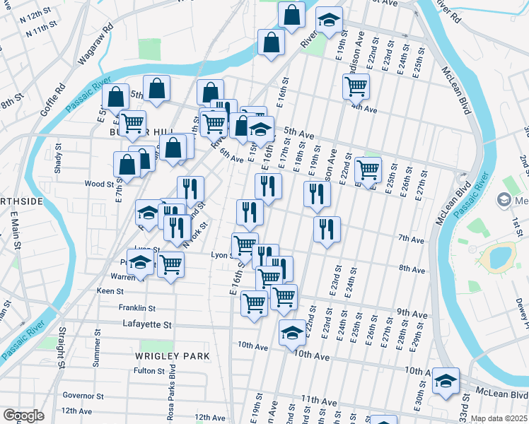map of restaurants, bars, coffee shops, grocery stores, and more near 210 East 16th Street in Paterson
