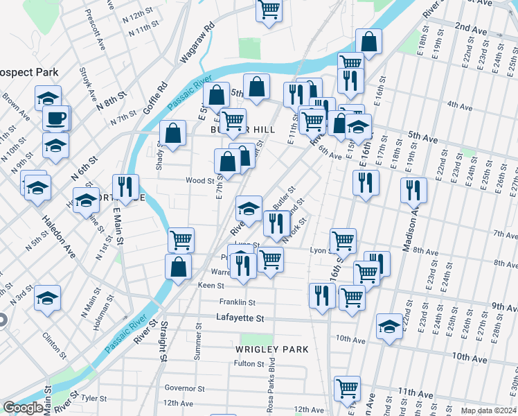map of restaurants, bars, coffee shops, grocery stores, and more near 468 River Street in Paterson