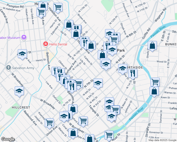 map of restaurants, bars, coffee shops, grocery stores, and more near 145 Lily Street in Paterson