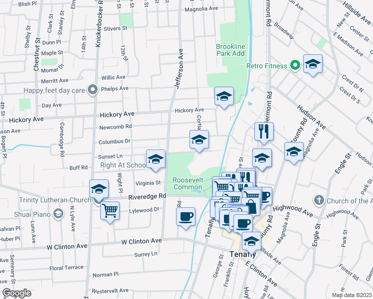 map of restaurants, bars, coffee shops, grocery stores, and more near 69 Sunset Lane in Tenafly