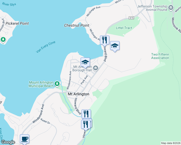 map of restaurants, bars, coffee shops, grocery stores, and more near 52 Edgemere Avenue in Mount Arlington