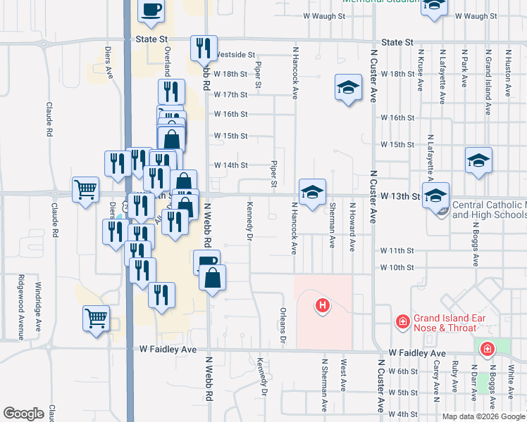 map of restaurants, bars, coffee shops, grocery stores, and more near 1200-1248 Plantation Place in Grand Island