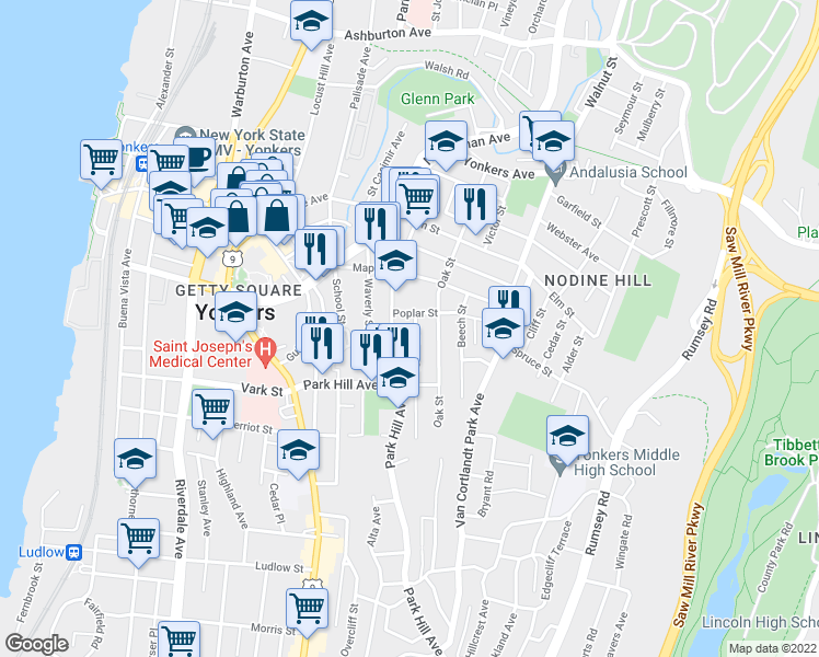 map of restaurants, bars, coffee shops, grocery stores, and more near 135 Willow Street in Yonkers