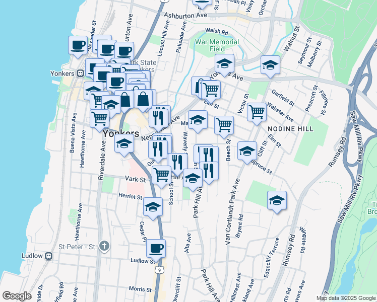map of restaurants, bars, coffee shops, grocery stores, and more near 155 Linden Street in Yonkers