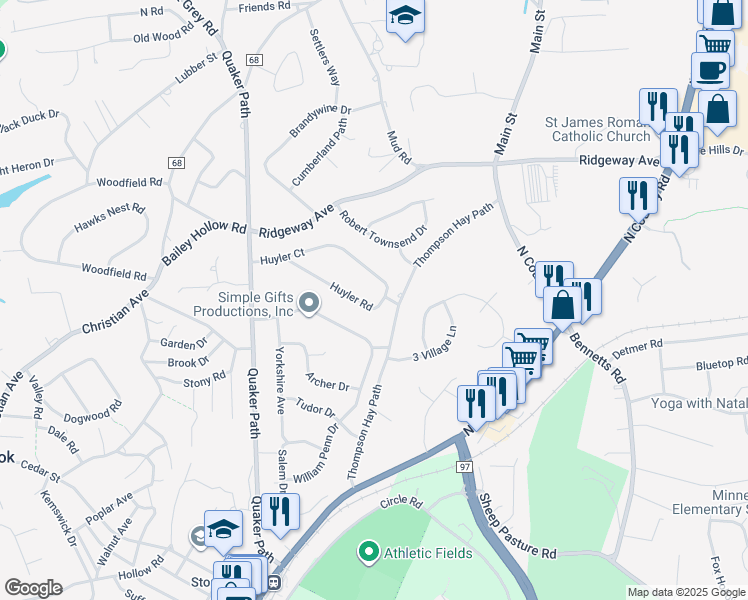 map of restaurants, bars, coffee shops, grocery stores, and more near 25 Huyler Road in Setauket- East Setauket