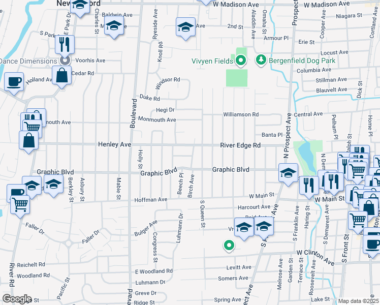 map of restaurants, bars, coffee shops, grocery stores, and more near 90 North Queen Street in Bergenfield