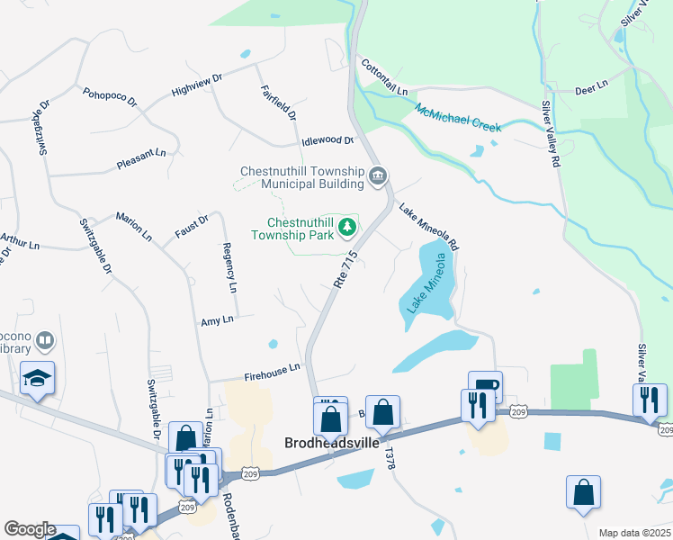 map of restaurants, bars, coffee shops, grocery stores, and more near 207 Pennsylvania 715 in Brodheadsville
