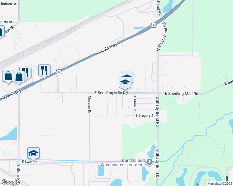 map of restaurants, bars, coffee shops, grocery stores, and more near 100 Wainwright Street in Grand Island