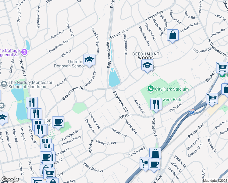 map of restaurants, bars, coffee shops, grocery stores, and more near 84 Pinebrook Road in New Rochelle
