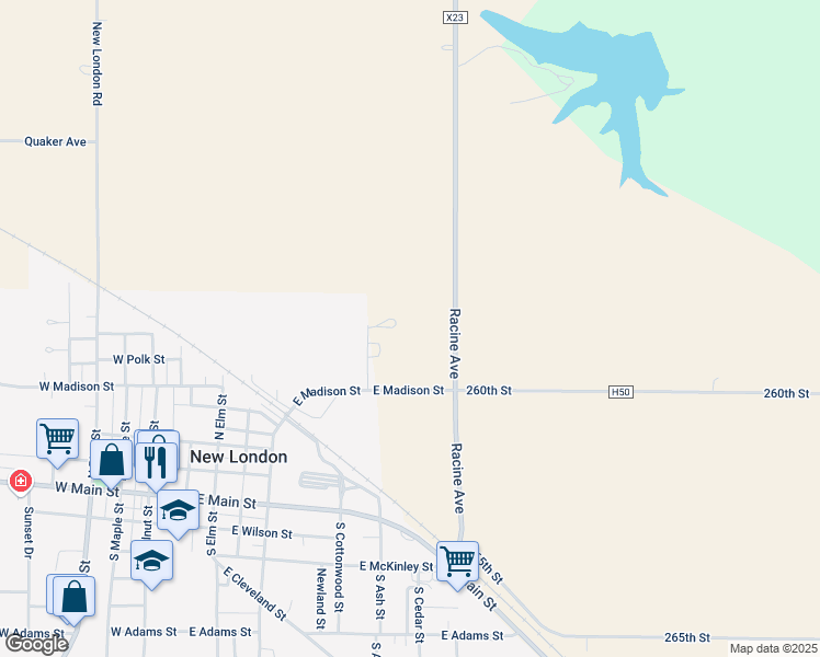 map of restaurants, bars, coffee shops, grocery stores, and more near 2679 260th Street in New London