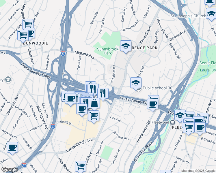 map of restaurants, bars, coffee shops, grocery stores, and more near 1220A Midland Avenue in Bronxville