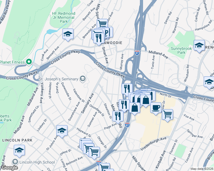 map of restaurants, bars, coffee shops, grocery stores, and more near 28 University Avenue in Yonkers
