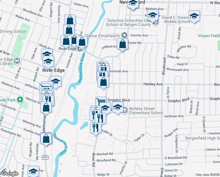 map of restaurants, bars, coffee shops, grocery stores, and more near 737 River Road in New Milford
