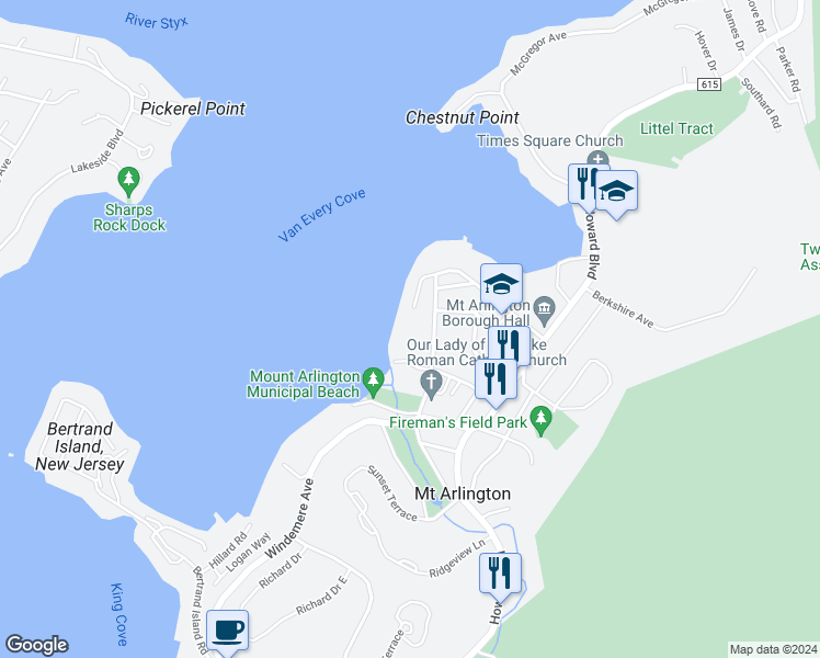 map of restaurants, bars, coffee shops, grocery stores, and more near 35 Windemere Avenue in Mount Arlington