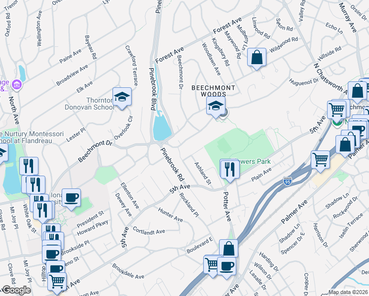 map of restaurants, bars, coffee shops, grocery stores, and more near 72 Chatsworth Place in New Rochelle