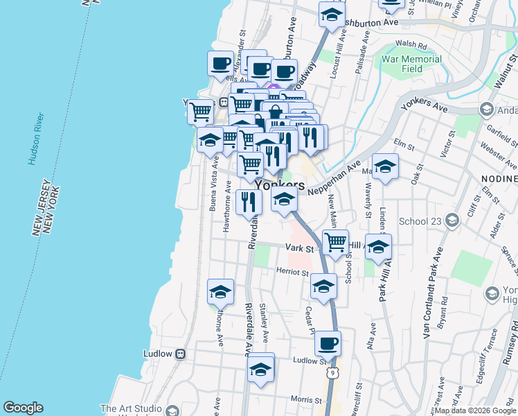 map of restaurants, bars, coffee shops, grocery stores, and more near in Yonkers