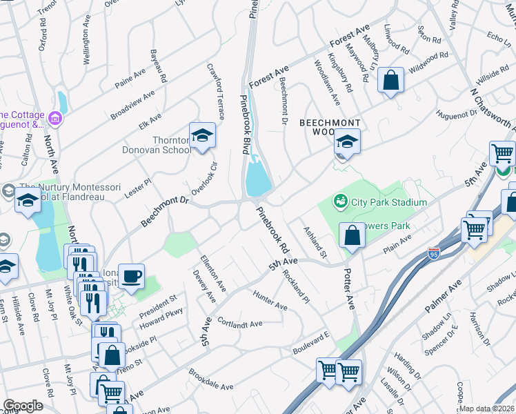 map of restaurants, bars, coffee shops, grocery stores, and more near 84 Pinebrook Road in New Rochelle