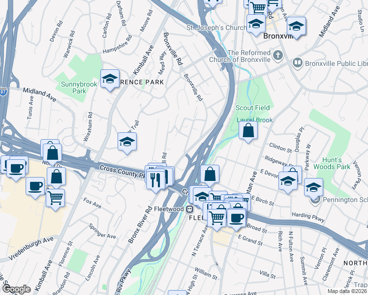 map of restaurants, bars, coffee shops, grocery stores, and more near 1465 Midland Avenue in Yonkers