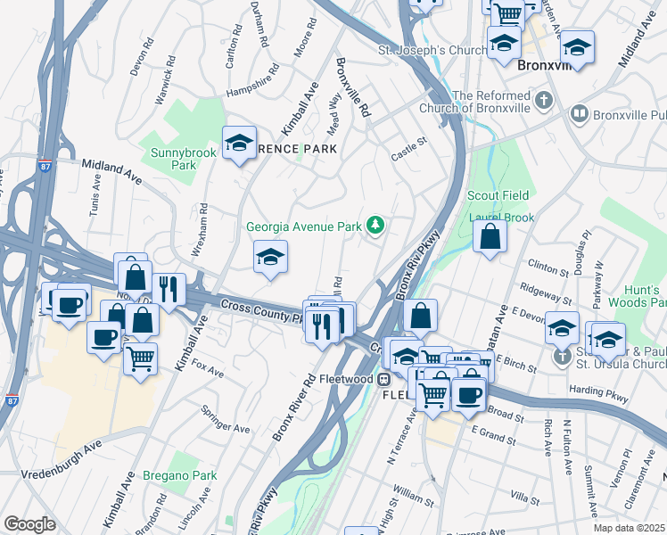 map of restaurants, bars, coffee shops, grocery stores, and more near 68 Ardell Road in Yonkers