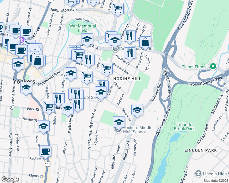 map of restaurants, bars, coffee shops, grocery stores, and more near 34 Cliff Street in Yonkers